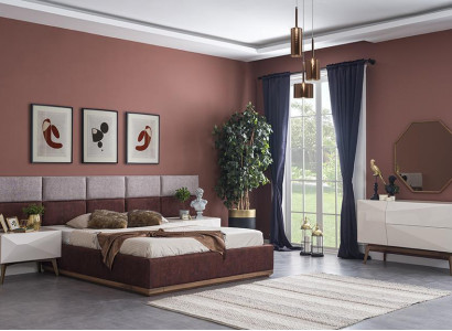 Modern bedroom furniture complete set design, bed 2x nightstands